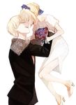  1girl artoria_pendragon_(all) blonde_hair bouquet bride fate/stay_night fate_(series) flower formal gilgamesh hetero jisue10 saber suit wedding 