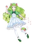  blue_dress bow dress flower full_body gen_4_pokemon green_eyes green_footwear green_hair leecheie legendary_pokemon long_hair moemon pantyhose personification petals pokemon pokemon_(creature) rose_petals shaymin shoes solo transparent_background white_legwear 