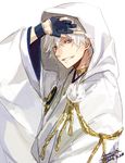  2015 artist_name bad_id bad_pixiv_id black_gloves dated gloves grin hood japanese_clothes male_focus minatsuki_(lapislazzuli169) partly_fingerless_gloves silver_hair smile solo touken_ranbu tsurumaru_kuninaga upper_body white_background yellow_eyes 