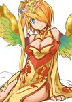  bare_shoulders bird_wings blonde_hair blue_eyes breasts china_dress chinese_clothes cleavage cleavage_cutout dress elbow_gloves fingerless_gloves gloves hair_over_one_eye headpiece large_breasts leilan_(p&amp;d) long_hair memento_vivi multicolored_hair orange_hair puzzle_&amp;_dragons side_ponytail simple_background sitting sleeveless sleeveless_dress smile solo white_background wings 