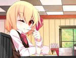  ascot black_dress blonde_hair cup dress eating food hair_ribbon long_sleeves one_eye_closed plate pudding red_eyes ribbon rumia shamo_(koumakantv) shirt solo stack table teacup touhou window 