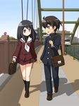  1girl couple hetero ikune_juugo long_hair original school_uniform serafuku short_hair smile 