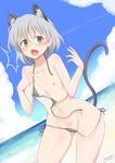 2015 animal_ears artist_name beach bikini blush cat_ears cat_tail cloud dated day flat_chest green_eyes grey_hair groin highres looking_at_viewer navel nipples open_mouth outdoors sanya_v_litvyak short_hair side-tie_bikini solo stormcow strike_witches surprised swimsuit tail untied untied_bikini wardrobe_malfunction water world_witches_series 