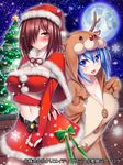  animal_costume blue_eyes blue_hair breasts brown_eyes brown_hair christmas cleavage elbow_gloves gloves huge_breasts midriff multiple_girls navel pochadon red_gloves reindeer_costume santa_costume seiten_ragnarok short_hair 