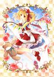  blonde_hair dress flandre_scarlet flower hat hat_ribbon highres mob_cap mochizuki_shiina open_mouth pink_flower pink_rose puffy_short_sleeves puffy_sleeves red_dress red_eyes ribbon rose sash short_sleeves side_ponytail smile solo stuffed_animal stuffed_toy teddy_bear touhou wings wrist_cuffs 