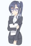  :o blazer blue-framed_eyewear blue_hair blush cropped_legs dress_shirt formal glasses highres holding holding_paper imai_midori jacket long_hair long_sleeves looking_at_viewer pant_suit paper papers purple_eyes shirobako shirt shunichi side_ponytail simple_background solo suit white_background wing_collar 