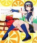  bare_shoulders blue_gloves blue_hair blue_legwear blueberry blush brown_eyes character_name drink fingerless_gloves food food_themed_hair_ornament fruit glass gloves hair_ornament hoshino_ouka lemon_hair_ornament long_hair looking_at_viewer love_live! love_live!_school_idol_project orange orange_hair_ornament orange_slice pancake pointing polka_dot sitting skirt smile solo sonoda_umi strawberry visor_cap 