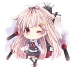  bow brown_hair chibi hair_bow hair_flaps hair_ornament hair_ribbon hairclip kantai_collection long_hair looking_at_viewer machinery natubudou one_eye_closed orange_eyes pleated_skirt remodel_(kantai_collection) ribbon scarf school_uniform serafuku skirt solo torpedo yuudachi_(kantai_collection) 