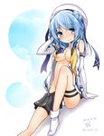  2015 blue_hair breasts cleavage clown_222 gloves hat kantai_collection medium_breasts open_clothes open_shirt panties shirt sleeves_rolled_up smile underwear uniform urakaze_(kantai_collection) white_hat white_panties yellow_neckwear 