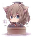  :3 animal_ears blue_eyes box brown_hair cardboard_box cat cat_ears cat_tail chibi commentary_request highres in_box in_container kantai_collection kemonomimi_mode kumano_(kantai_collection) long_hair looking_at_viewer natubudou school_uniform spoken_sweatdrop sweat sweatdrop tail translated 