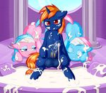  2015 aloe_(mlp) animal_genitalia balls blue_hair cum cum_on_back earth_pony equine eyes_closed eyeshadow fan_character fearingfun female feral friendship_is_magic group hair half-closed_eyes headband horn horse horsecock inside looking_at_viewer lotus_(mlp) makeup male male/female mammal my_little_pony penis pink_hair pony sibling sisters sitting smile unicorn 