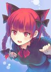  animal_ears black_dress bow braid breasts cat_ears culter dress extra_ears hair_bow juliet_sleeves kaenbyou_rin long_hair long_sleeves medium_breasts open_mouth puffy_sleeves red_eyes red_hair solo touhou twin_braids 