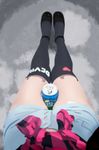  between_thighs black_legwear blurry can chinese d10c2 depth_of_field female_pov from_above heart highres looking_down mary_janes original over-kneehighs pov shoes shorts solo sprite_(drink) thighhighs 