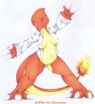  3_fingers 3_toes belly big_feet big_hands big_thighs blue_eyes breasts caleb_magness charmeleon claws clothed clothing eyelashes female feral fire flare_flint horn long_tail looking_at_viewer navel nintendo nipples orange_body orange_scales pok&eacute;mon pose scalie semi-anthro shirt smile smirk solo spread_legs spreading standing stare teeth toes video_games yellow_scales 