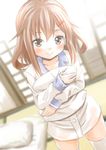  brown_eyes brown_hair fujishima_shinnosuke hair_ornament hairclip holding holding_pillow ikazuchi_(kantai_collection) kantai_collection looking_at_viewer pajamas pillow pillow_hug short_hair smile solo 