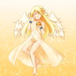  angel angel_wings bare_legs barefoot blonde_hair eating food ilias long_hair minaha_(playjoe2005) mon-musu_quest! mon-musu_quest:_paradox wings 