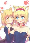  alice_margatroid animal_ears bare_shoulders bell bell_collar black_gloves blonde_hair blue_eyes blue_gloves blush braid breast_grab breasts cat_ears cat_tail cleavage collar collarbone culter elbow_gloves gloves grabbing hairband kemonomimi_mode kirisame_marisa kittysuit leotard multiple_girls open_mouth paw_print single_braid small_breasts tail touhou yellow_eyes yuri 