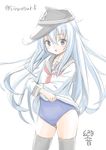  blue_eyes fujishima_shinnosuke hat hibiki_(kantai_collection) kantai_collection long_hair school_uniform serafuku silver_hair solo swimsuit swimsuit_under_clothes translated 