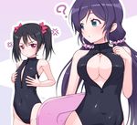  ? anger_vein black_hair breast_envy breasts cleavage covered_navel front_zipper_swimsuit green_eyes k10k long_hair love_live! love_live!_school_idol_project meme_attire multiple_girls one-piece_swimsuit purple_hair red_eyes small_breasts swimsuit toujou_nozomi twintails yazawa_nico 