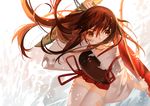  akagi_(kantai_collection) bow_(weapon) brown_eyes brown_hair japanese_clothes joseph_lee kantai_collection long_hair looking_up muneate solo weapon 