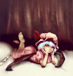  arm_support barefoot bat_wings blue_hair curtains dress frown glowing glowing_eyes hat hat_ribbon head_rest highres lips looking_at_viewer lying mob_cap on_bed on_stomach pillow qwer1234777 red_eyes remilia_scarlet ribbon short_hair short_sleeves solo touhou wings 
