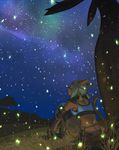  animal_ears belt blonde_hair circlet commentary crop_top dark detached_sleeves final_fantasy final_fantasy_xi grass highres light_particles looking_away looking_up midriff mithra night night_sky quot scenery short_hair short_twintails sitting sky solo star_(sky) starry_sky tail tree twintails wand 