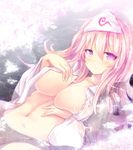  ai_takurou alternate_hair_length alternate_hairstyle breasts cherry_blossoms large_breasts long_hair navel open_clothes partially_submerged petals pink_eyes pink_hair saigyouji_yuyuko smile solo touhou water 