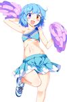  blue_eyes blue_hair blush breasts cheerleader e.o. heart heterochromia highres midriff navel open_mouth pom_poms red_eyes shoes short_hair simple_background skirt small_breasts smile sneakers solo tareme tatara_kogasa touhou white_background 