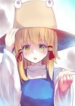  blonde_hair blue_dress culter dress hair_ribbon hat long_sleeves looking_at_viewer moriya_suwako open_mouth outstretched_hand ribbon shirt solo touhou upper_body wide_sleeves yellow_eyes 