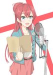  :d blue_eyes blue_jacket blush book hair_bun highres jacket long_hair microphone microphone_stand open_book open_mouth recording recording_studio red_hair sakaki_shizuka script shirobako shunichi skirt smile solo 