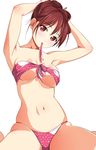  adjusting_hair armpits arms_up bandeau bangs bare_arms bare_shoulders bikini blush breasts brown_eyes brown_hair cleavage eyebrows_visible_through_hair front-tie_bikini front-tie_top hair_between_eyes highres looking_at_viewer matsunaga_kouyou medium_breasts mouth_hold navel original ribbon simple_background sitting solo swimsuit underboob wariza white_background 