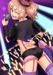  1girl artist_request ass blush bracelet from_behind garter_straps gold_eyes hat idolmaster idolmaster_cinderella_girls jacket jewelry jougasaki_mika long_hair looking_back microphone open_mouth pink_hair ponytail short_shorts shorts smile solo suspenders sweat thighhighs wink yellow_eyes 