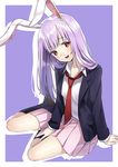  animal_ears black_legwear blazer blush bunny_ears jacket kyon_(fuuran) loafers long_hair looking_at_viewer necktie open_mouth pleated_skirt purple_hair red_eyes red_neckwear reisen_udongein_inaba shoes simple_background sitting skirt smile solo touhou 