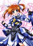  1girl :d absurdres armor armored_dress bangs blue_eyes brown_hair commentary_request dress feathers gun hair_ribbon highres holding holding_gun holding_weapon juliet_sleeves long_dress long_sleeves looking_at_viewer lyrical_nanoha magical_girl mahou_shoujo_lyrical_nanoha_reflection open_mouth puffy_sleeves ribbon short_hair simple_background smile solo standing strike_cannon takamachi_nanoha weapon white_background white_dress white_ribbon yorousa_(yoroiusagi) 