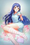  blue_hair blush bow bracelet brown_eyes envelope frilled_pillow frills jewelry kneehighs long_hair love_live! love_live!_school_idol_festival love_live!_school_idol_project pillow polka_dot_skirt rakuhei socks sonoda_umi striped striped_legwear 