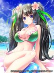  arm_support ball beach beachball bikini black_hair blue_eyes blush breasts checkered_blanket cherry_blossom_print cleavage cloud floral_print flower green_bikini hair_flower hair_ornament large_breasts long_hair navel pochadon sand seiten_ragnarok sitting sky solo swimsuit twintails 