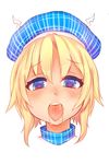  ahegao blonde_hair blue_eyes blush character_request close-up face hat heart heart-shaped_pupils looking_at_viewer open_mouth original osiimi plaid saliva short_hair simple_background solo symbol-shaped_pupils tongue tongue_out 