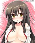  akagi_(kantai_collection) breasts brown_eyes brown_hair chestnut_mouth inuzumi_masaki japanese_clothes kantai_collection large_breasts long_hair looking_at_viewer open_clothes open_mouth open_shirt shirt solo 