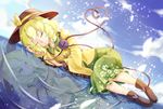  ankle_boots arm_pillow blonde_hair blouse blue_sky boots cloud day different_reflection dutch_angle frilled_sleeves frills green_eyes hat hat_ribbon heart heart_of_string highres komeiji_koishi light_particles lying on_side reflection ribbon ripples short_hair skirt sky sleeping smile solo third_eye touhou water xtears_kitsune 