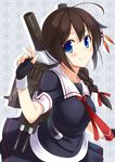  blue_eyes braid breasts brown_hair cannon gloves hair_flaps hair_ornament hair_over_shoulder hair_ribbon kantai_collection long_hair medium_breasts pleated_skirt remodel_(kantai_collection) ribbon school_uniform serafuku shigure_(kantai_collection) single_braid skirt smile solo turret yukichin 