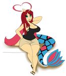  anthro anthrofied big_breasts breasts clothed clothing dreadlocks hair long_hair looking_at_viewer micki milotic nintendo plain_background pok&eacute;mon red_hair sandals shorts smile teal_eyes thick_thighs video_games white_background wide_hips 