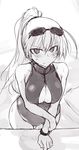  ahoge alternate_hairstyle bad_id bad_twitter_id blush breasts cleavage cleavage_cutout collarbone eyewear_on_head front_zipper_swimsuit greyscale hanna-justina_marseille large_breasts long_hair meme_attire monochrome null_(nyanpyoun) one-piece_swimsuit ponytail sketch solo strike_witches sunglasses sweatdrop swimsuit world_witches_series 