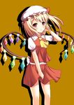  ascot blonde_hair brown_background flandre_scarlet gudou_(gdo_514) hand_in_hair hat hat_ribbon highres light_frown looking_at_viewer mob_cap red_eyes ribbon shadow short_sleeves side_ponytail simple_background skirt skirt_hold skirt_set solo touhou wind wings 