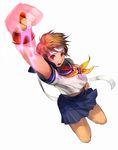  blue_sailor_collar blue_skirt brown_eyes brown_hair clenched_hand fingerless_gloves gloves headband kasugano_sakura neckerchief pleated_skirt sailor_collar school_uniform serafuku settyaro short_hair skirt solo street_fighter uppercut white_background 