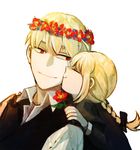  1girl age_difference artoria_pendragon_(all) blonde_hair braid cheek_kiss child fate/zero fate_(series) flower gilgamesh head_wreath jisue10 kiss red_eyes saber single_braid time_paradox vest waistcoat 