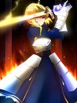  ahoge armor armored_dress artoria_pendragon_(all) bad_id bad_pixiv_id blonde_hair blue_eyes braid fate/stay_night fate_(series) fire french_braid gauntlets highres lococo:p looking_at_viewer saber solo sword weapon 