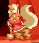  2015 anthro arcenine big_breasts breasts cleavage clothed clothing female looking_at_viewer nintendo pok&eacute;mon skimpy smile solo supersonicrulaa video_games 