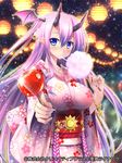  blue_eyes blush breasts candy_apple cherry_blossom_print cotton_candy floral_print food head_wings horns japanese_clothes kimono large_breasts long_hair one_side_up oni_horns pink_kimono pochadon pointy_ears purple_hair seiten_ragnarok solo 