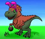  2015 animal_ears basket dinosaur easter egg fake_ears feathered grass holidays rabbit_ears reptile scalie sen-en tyrannosaurus_rex 