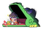  1girl bowl crocodile_dentist crocodilian hat japanese_clothes kimono kuchibashi_(9180) mallet minigirl obi open_mouth purple_eyes purple_hair sash short_hair smile solo sparkling_eyes sukuna_shinmyoumaru touhou toy trembling 